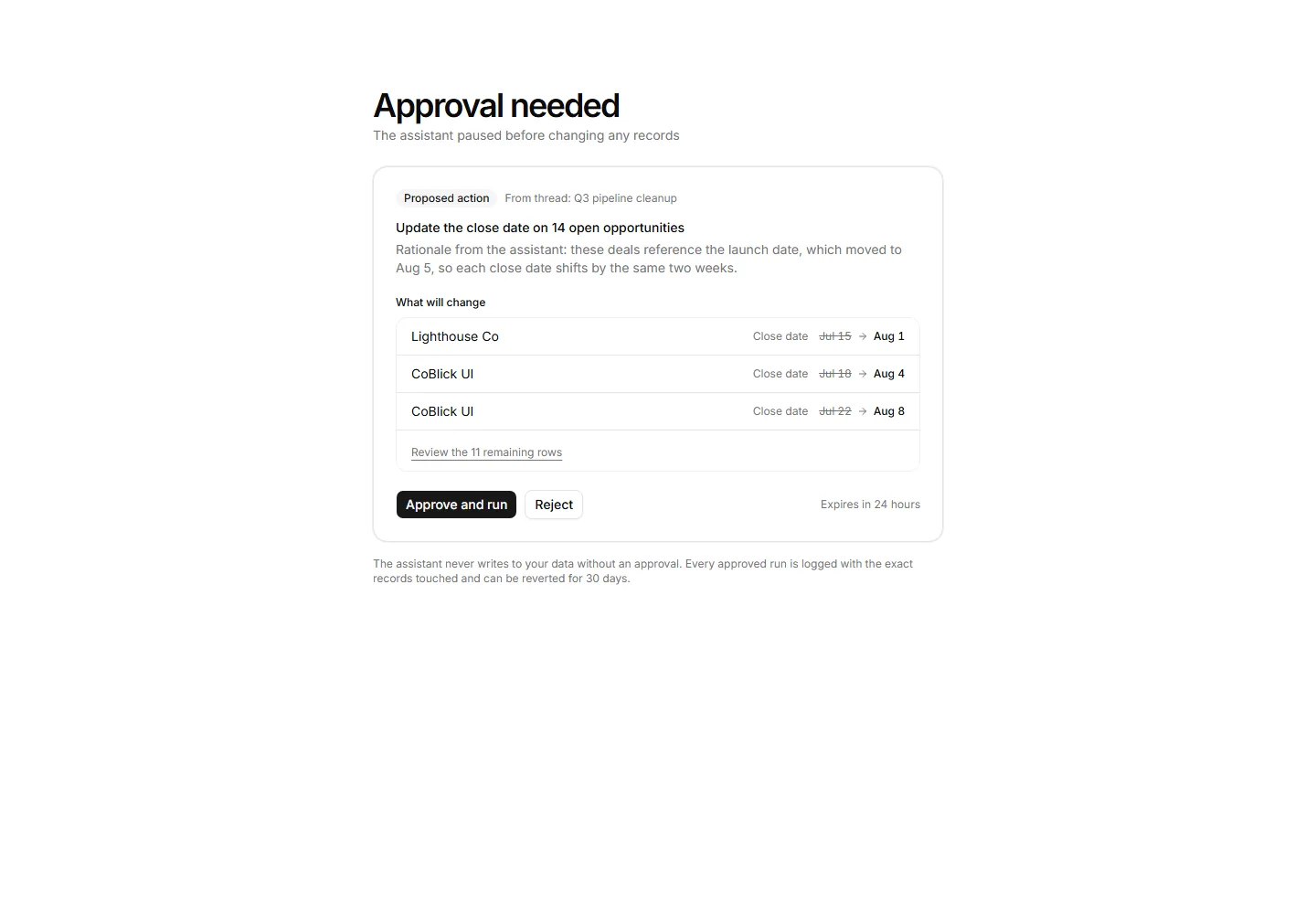 Static preview of application-pro-ai-assistant-action-approval-card