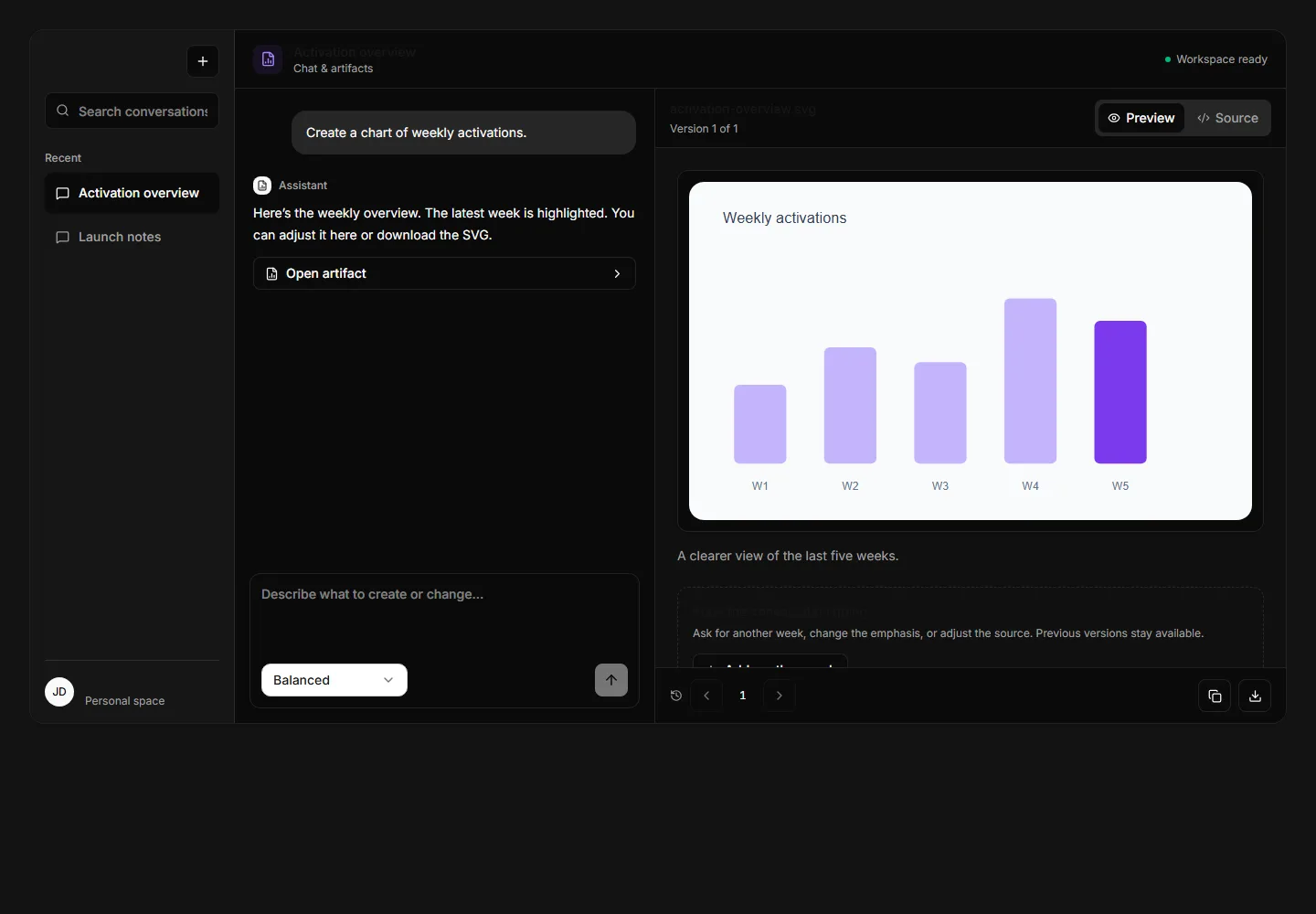 Chat and artifact workspace interface preview
