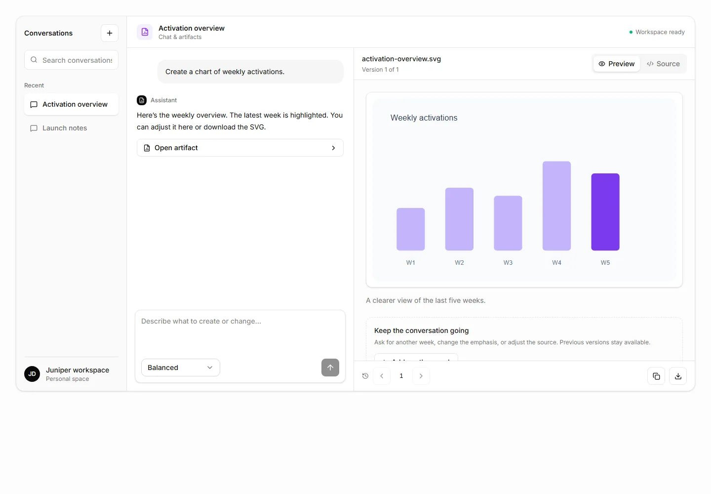 Chat and artifact workspace interface preview