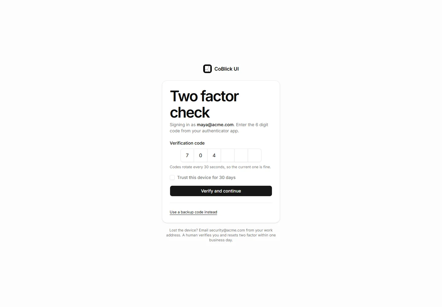 Static preview of application-pro-auth-pages-two-factor-page