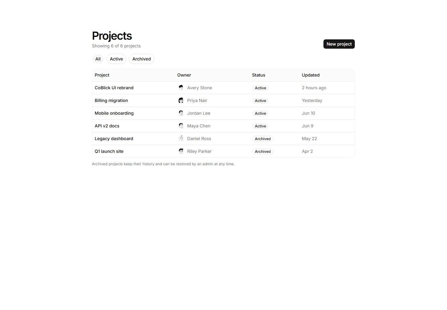 Table with filters interface preview