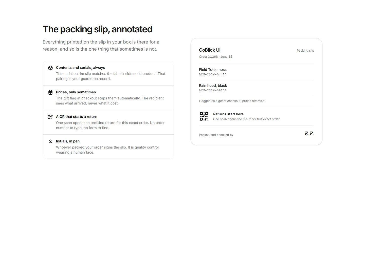 Static preview of ecommerce-pro-post-purchase-sections-packing-slip-explainer