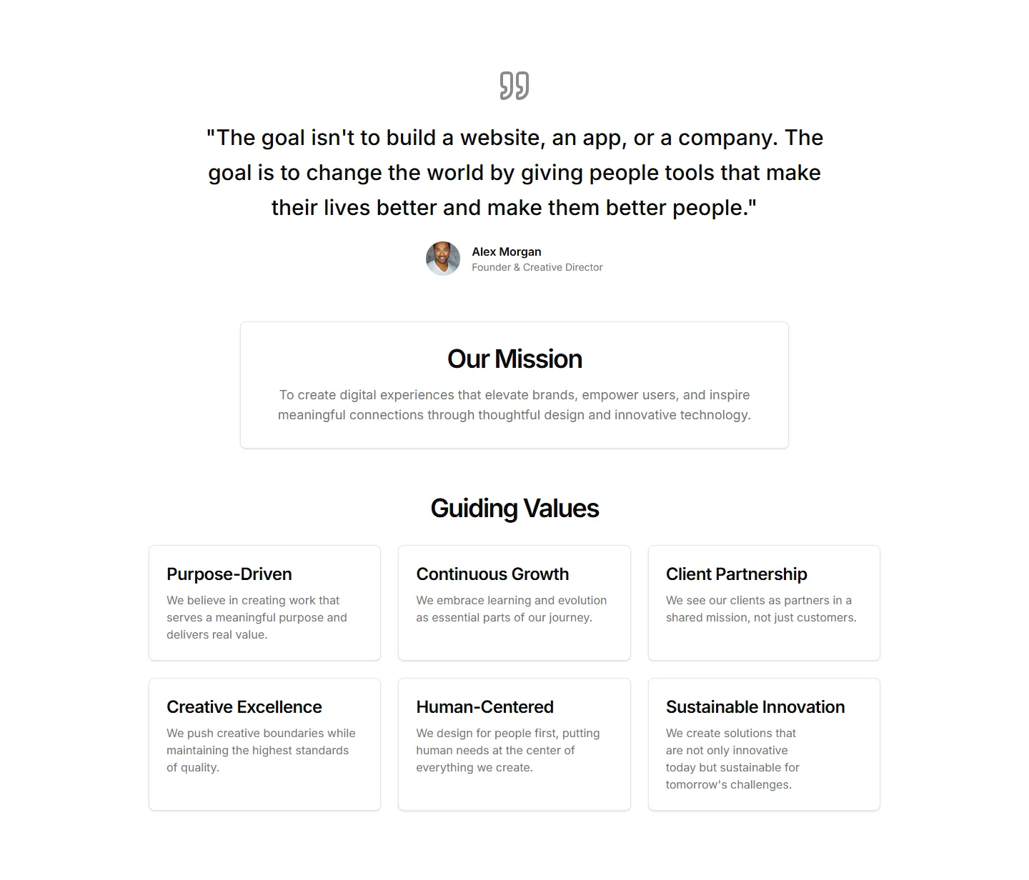 Static preview of portfolio-portfolio-mission-and-values-quote-values-combo